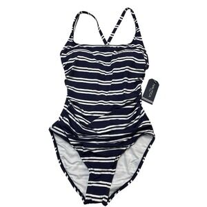 Nautica Swimsuit Womens M Blue White Striped One Piece Preppy Nautical Cape Cod